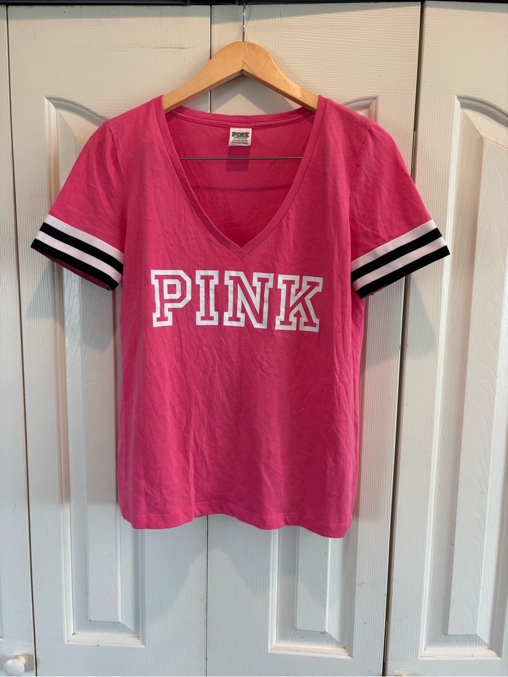 PINK by VICTORIA'S SECRET JERSEY SHIRT TOP SMALL EUC STRIPED SLEEVES V~NECK